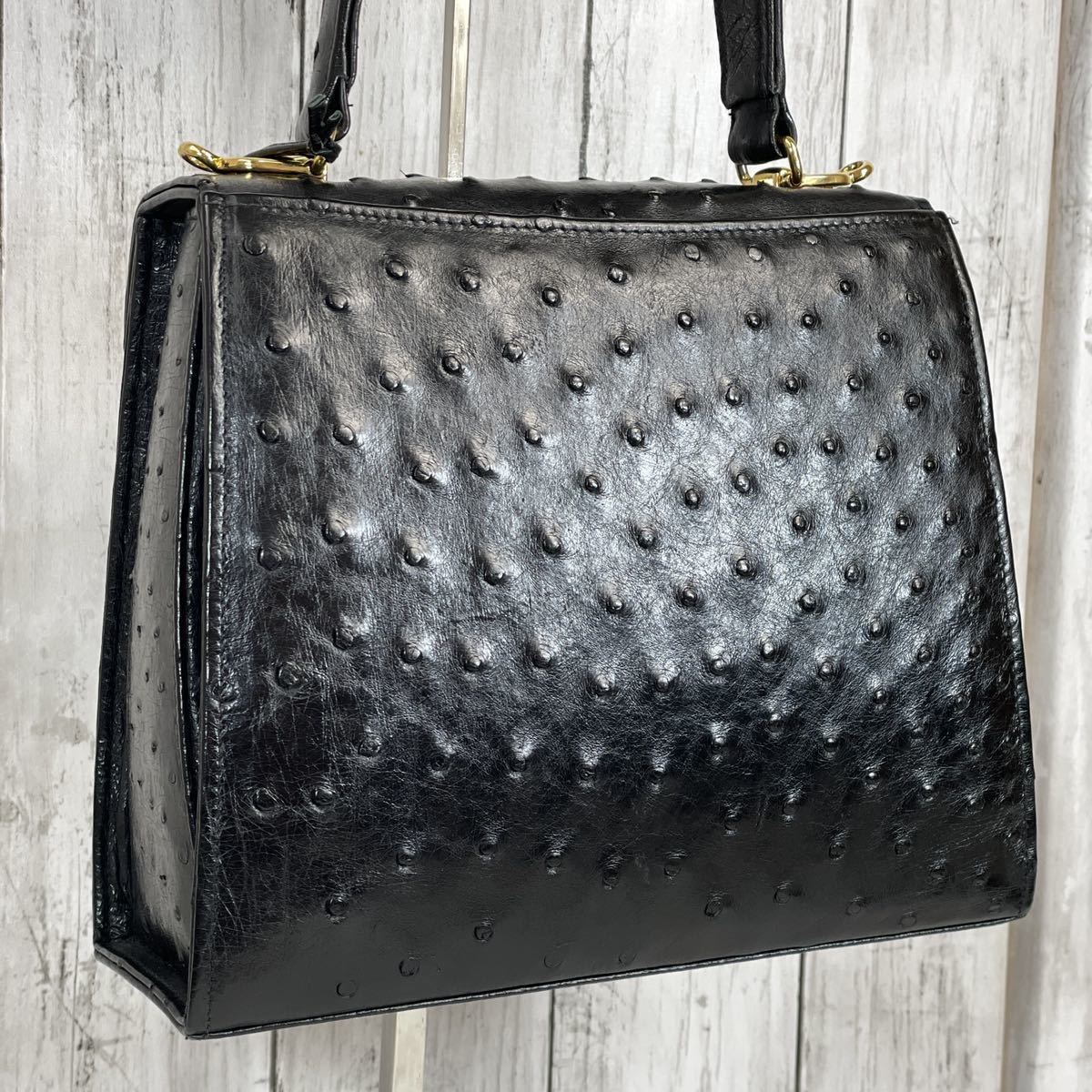 美品 オーストリッチ レザー 2WAY ショルダーバッグ 巾着 ブルー 