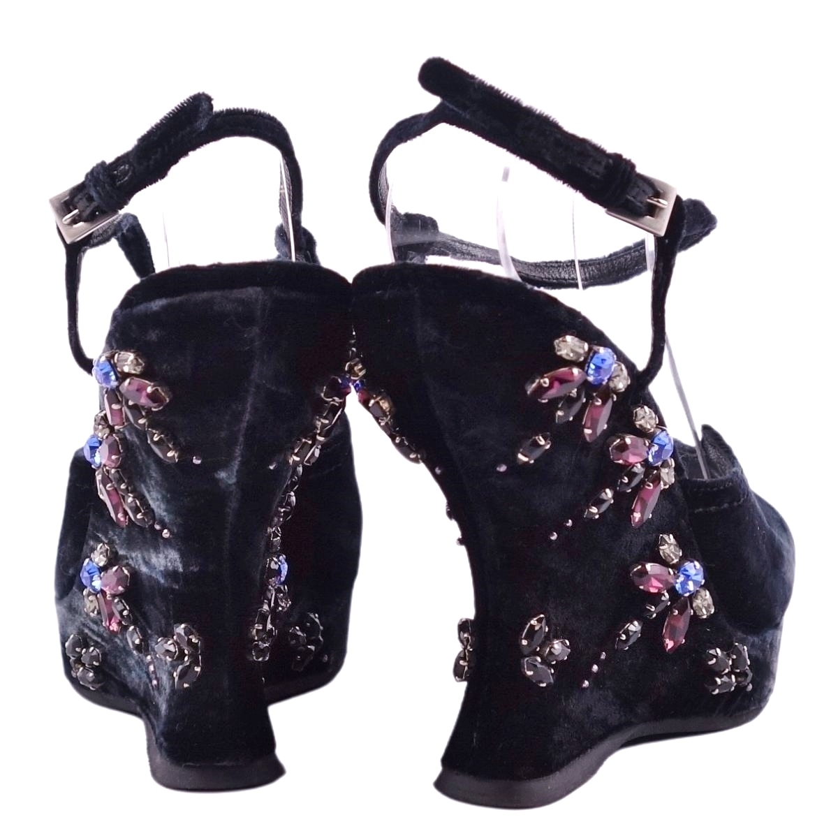 美品 プラダ PRADA パンプス サンダル ベロア ベルベット ビジュー装飾 