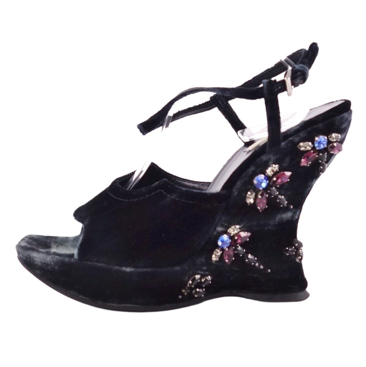 美品 プラダ PRADA パンプス サンダル ベロア ベルベット ビジュー装飾 