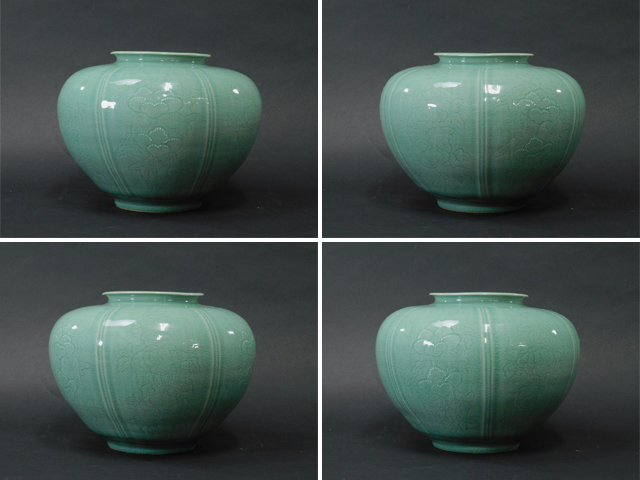 柳海剛(柳根瀅)高麗 青磁 象嵌 花文 花瓶(花入 花器 飾壷 壺)共