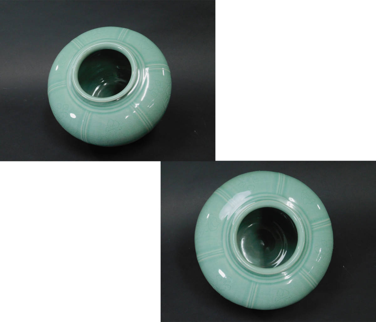 柳海剛(柳根瀅)高麗 青磁 象嵌 花文 花瓶(花入 花器 飾壷 壺)共箱 栞付