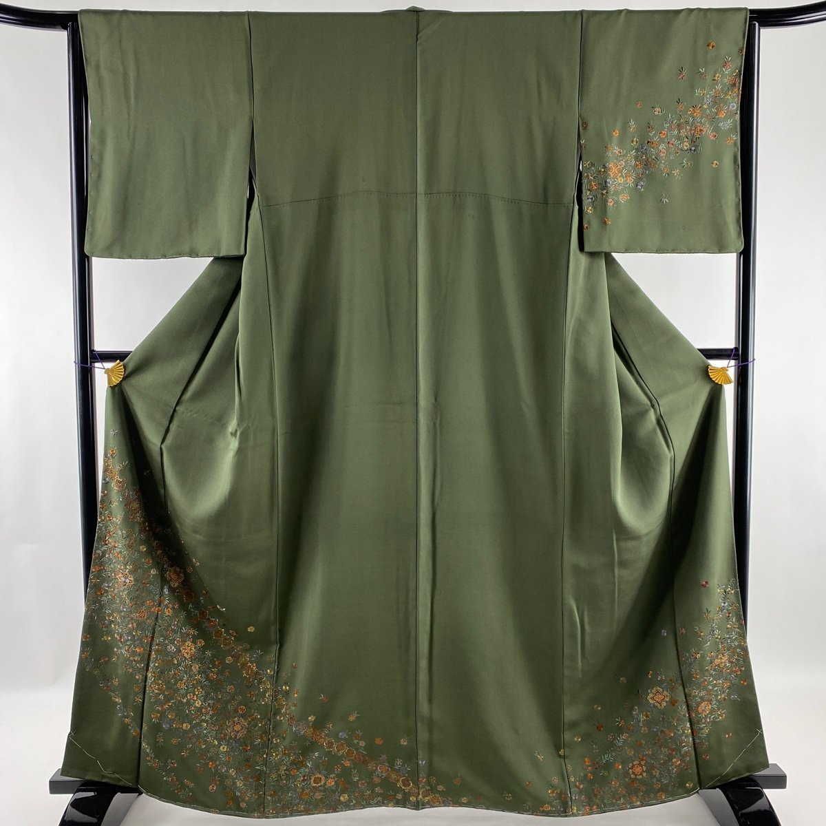 【競ナビ】訪問着 名品 華文 草花 金糸 刺繍 緑 袷 身丈163cm 裄丈63cm S 正絹 【中古】