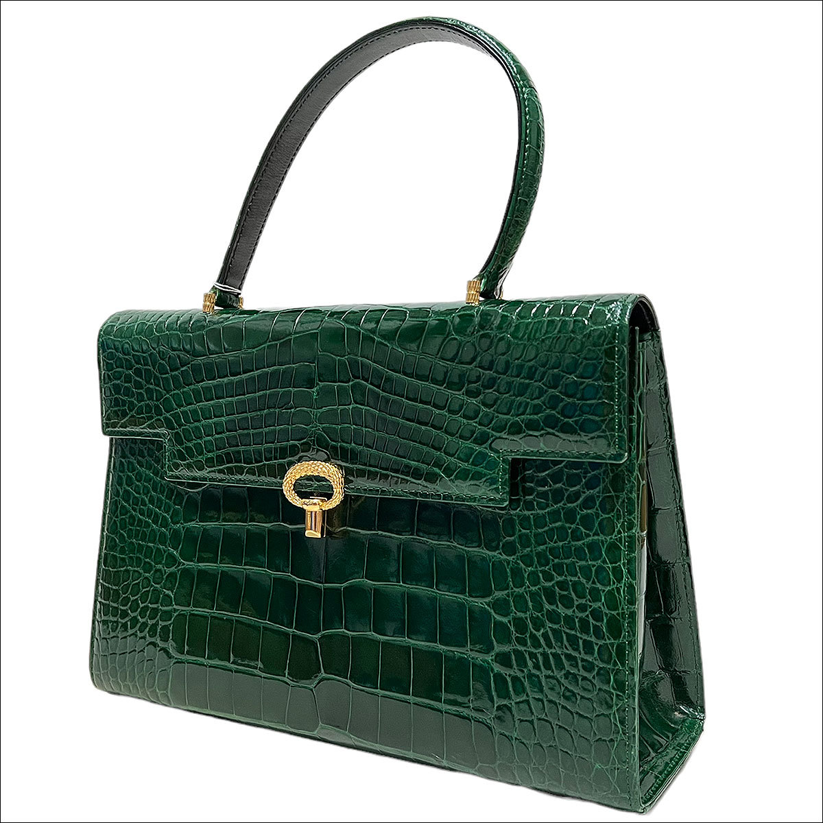 美品1スタ アリゲーター クロコダイル シャイニング センター取り ハンドバッグ ゴールド金具 グリーン genuine crocodile ワニ革 J6358 クロコダイル 1円スタート シャイニング クロコダイルレザー長財布 1スタ○1円スタート○クロコダイル 札束入れ