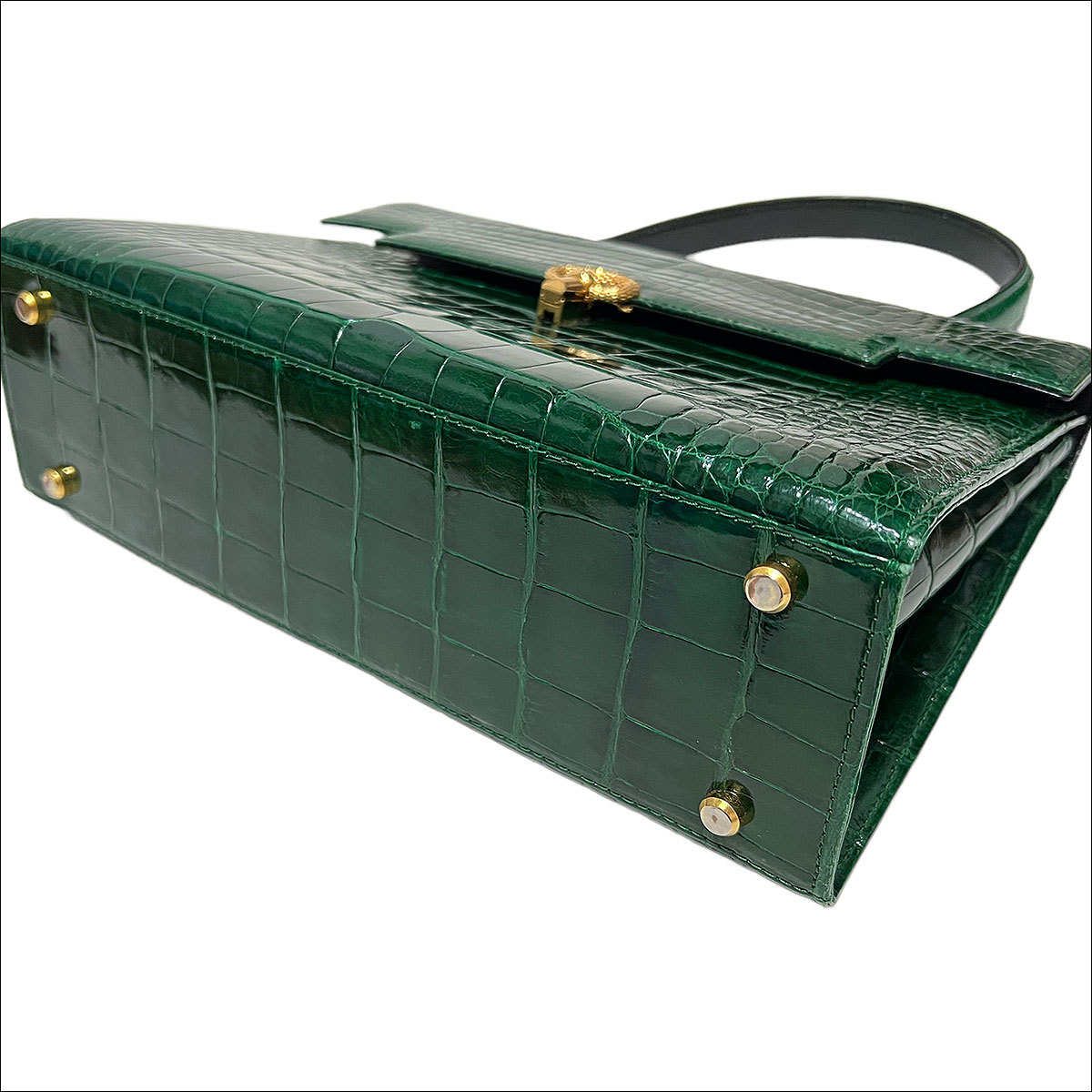 美品1スタ アリゲーター クロコダイル シャイニング センター取り ハンドバッグ ゴールド金具 グリーン genuine crocodile ワニ革 J6358 クロコダイル 1円スタート シャイニング クロコダイルレザー長財布 1スタ○1円スタート○クロコダイル 札束入れ