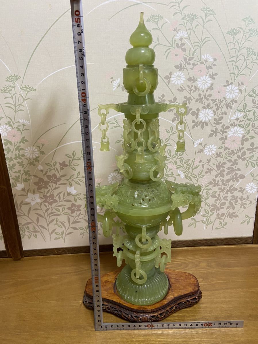 ☆中国美術 翡翠玉石 緑玉石 龍彫 彫刻遊環 唐木台付大香炉 置物 台付
