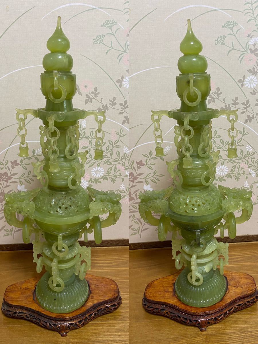 天然玉石(翡翠)龍彫刻 香炉木製台座付き ☆中国美術 翡翠玉石 緑玉石 龍彫 彫刻遊環 唐木台付大香炉 置物 台付