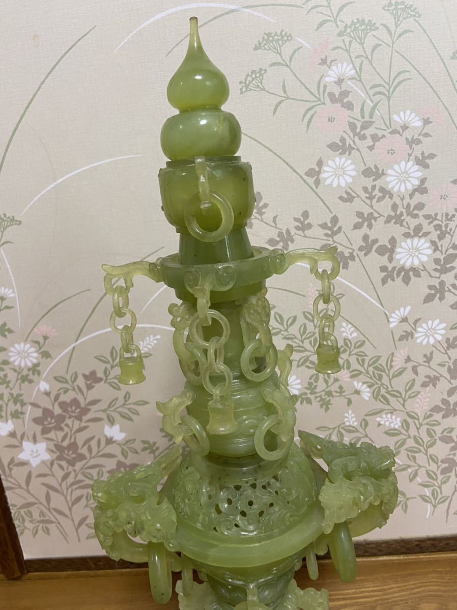 ☆中国美術 翡翠玉石 緑玉石 龍彫 彫刻遊環 唐木台付大香炉 置物 台付