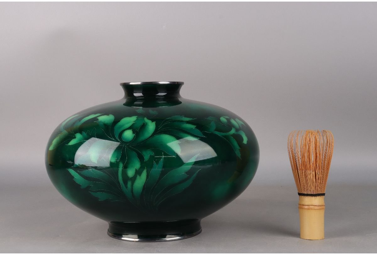 七宝焼　佐藤謨義作　水仙文　花瓶　唐木台付　共箱　V　R9237 七宝焼 佐藤謨義作 水仙文 花瓶 唐木台付 共箱 V R9237 七宝焼 佐藤謨