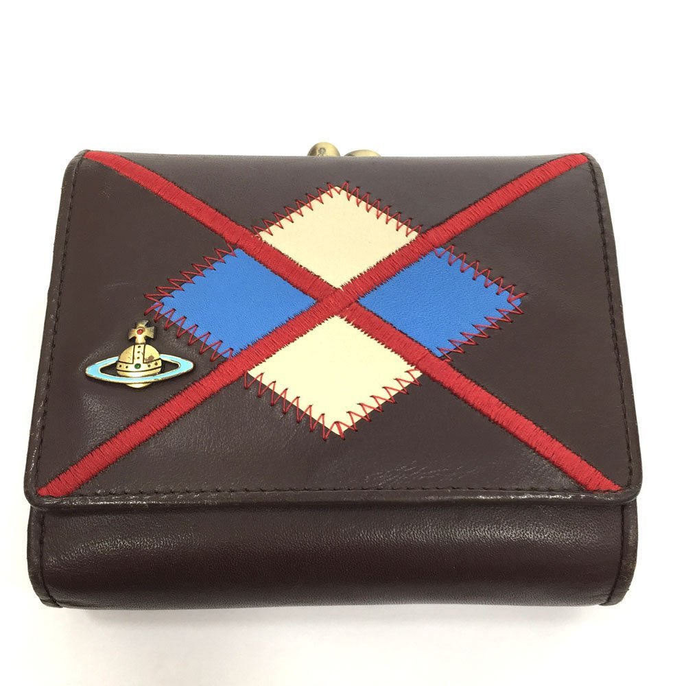 ◆2000年 VIVIENNE WESTWOOD ヴィヴィアンウエストウッド 3つ折り がま口 財布 メンズ レディース ブラウン アーガイル 6AB/86188