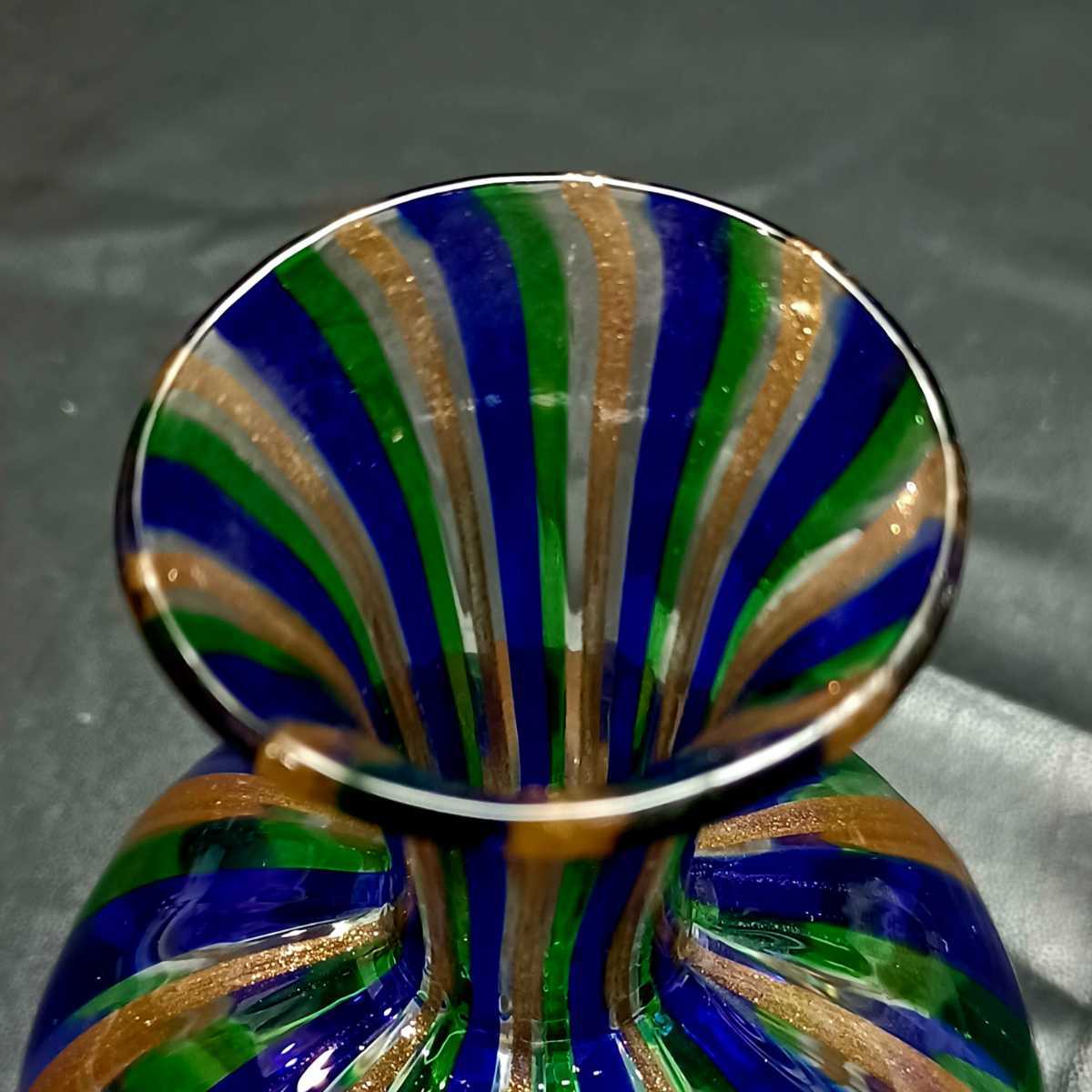 MURANO】ITALY☆ムラノ 金彩 ブルー グリーン ライン 一輪挿し 花器