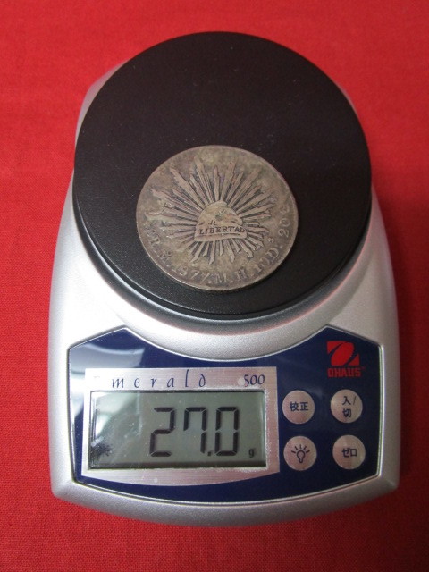 1877年- PI MMメキシコ 8レアル 自由の帽子大型銀貨 荘印あり 1877年