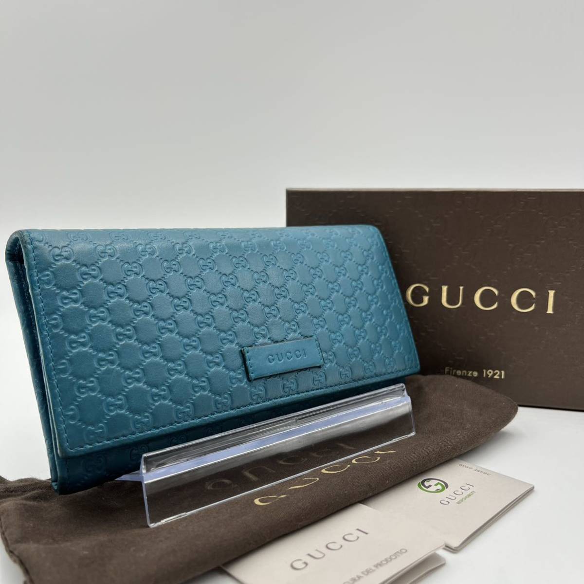 1円《箱付き・稀少カラー・美品》GUCCI グッチ 長財布 GG マイクロシマ 二つ折り財布 メンズ レディース レザー ターコイズブルー GUCCI グッチ 0 glamb [1]ほぼ新品 即決