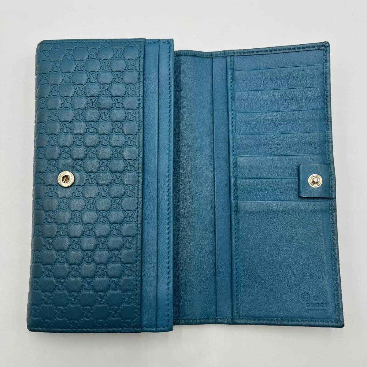 1円《箱付き・稀少カラー・美品》GUCCI グッチ 長財布 GG マイクロシマ 二つ折り財布 メンズ レディース レザー ターコイズブルー GUCCI グッチ 0 glamb [1]ほぼ新品 即決