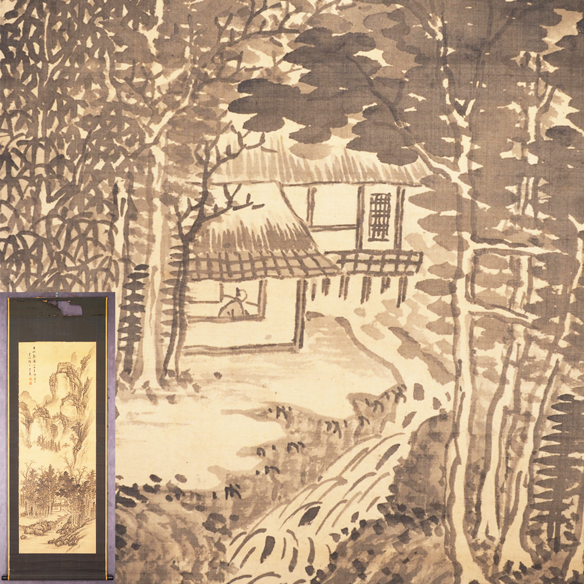 風景画 水墨山水 肉筆 山水図 絹本 日本画 真作] 桐箱 [S8] 掛け軸