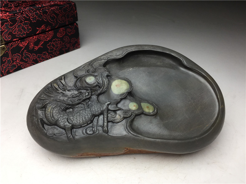 天然石 硯 麒麟彫り 石眼 端渓硯 / 水巌 端渓老坑羅漢硯 紅