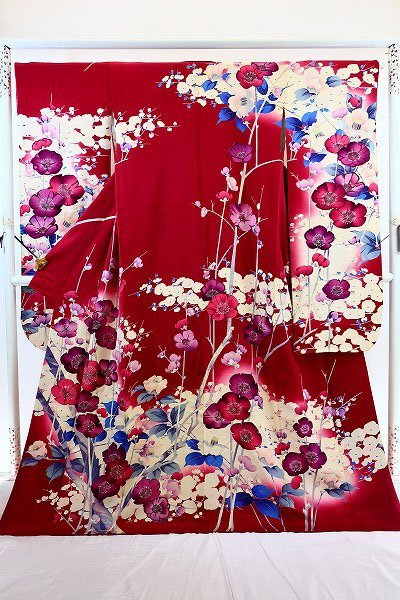 着物フィ】振袖/トールサイズ/身丈170cm/裄丈66cm/赤紫/梅/正絹/豪華 