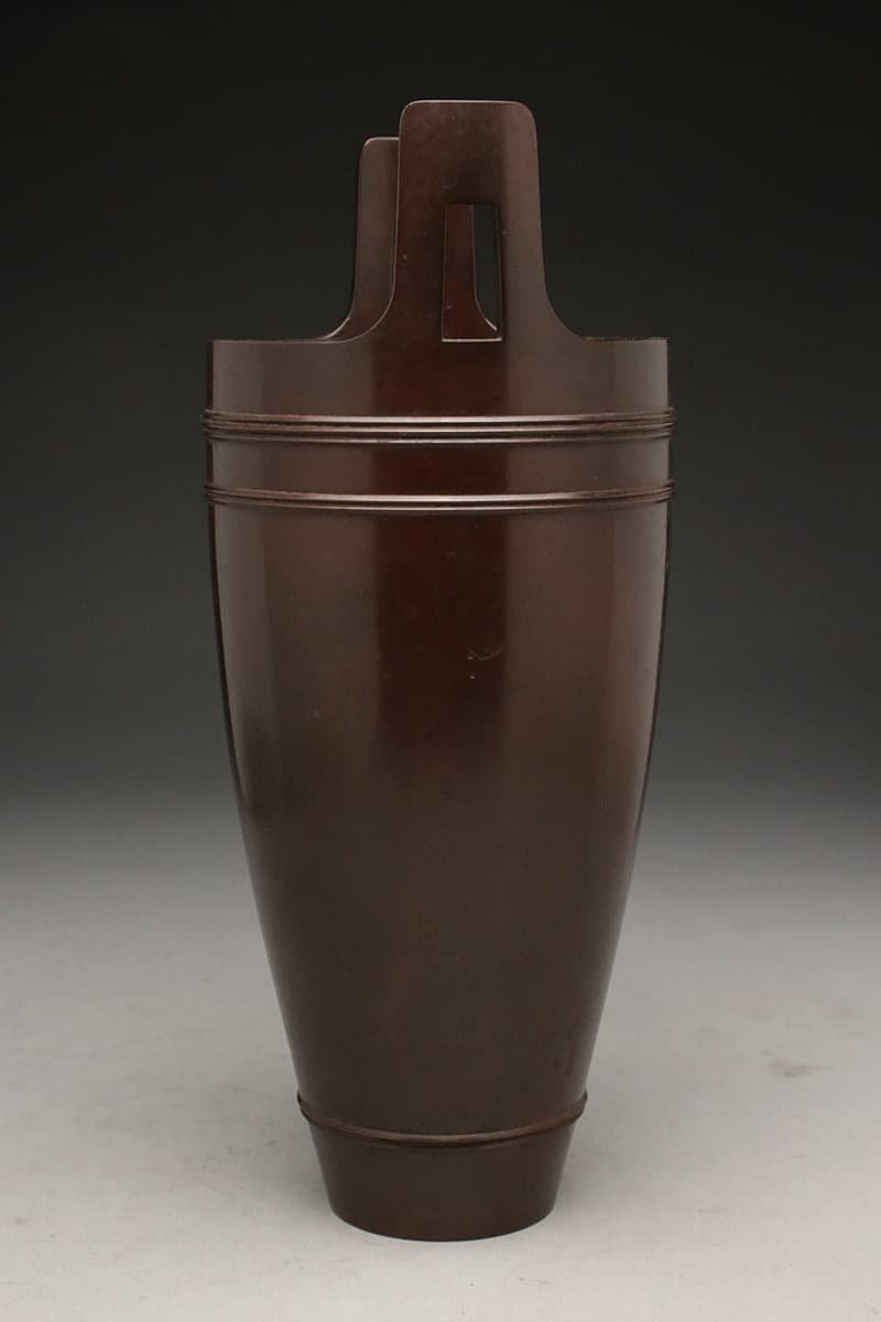鋳銅 唐木花台付 花紋 花瓶 /金工 花器 花入 HX093 金工師 丸谷端堂 作 鋳銅 桶形花入 高24.7cm 重1.5kg 鋳銅花瓶