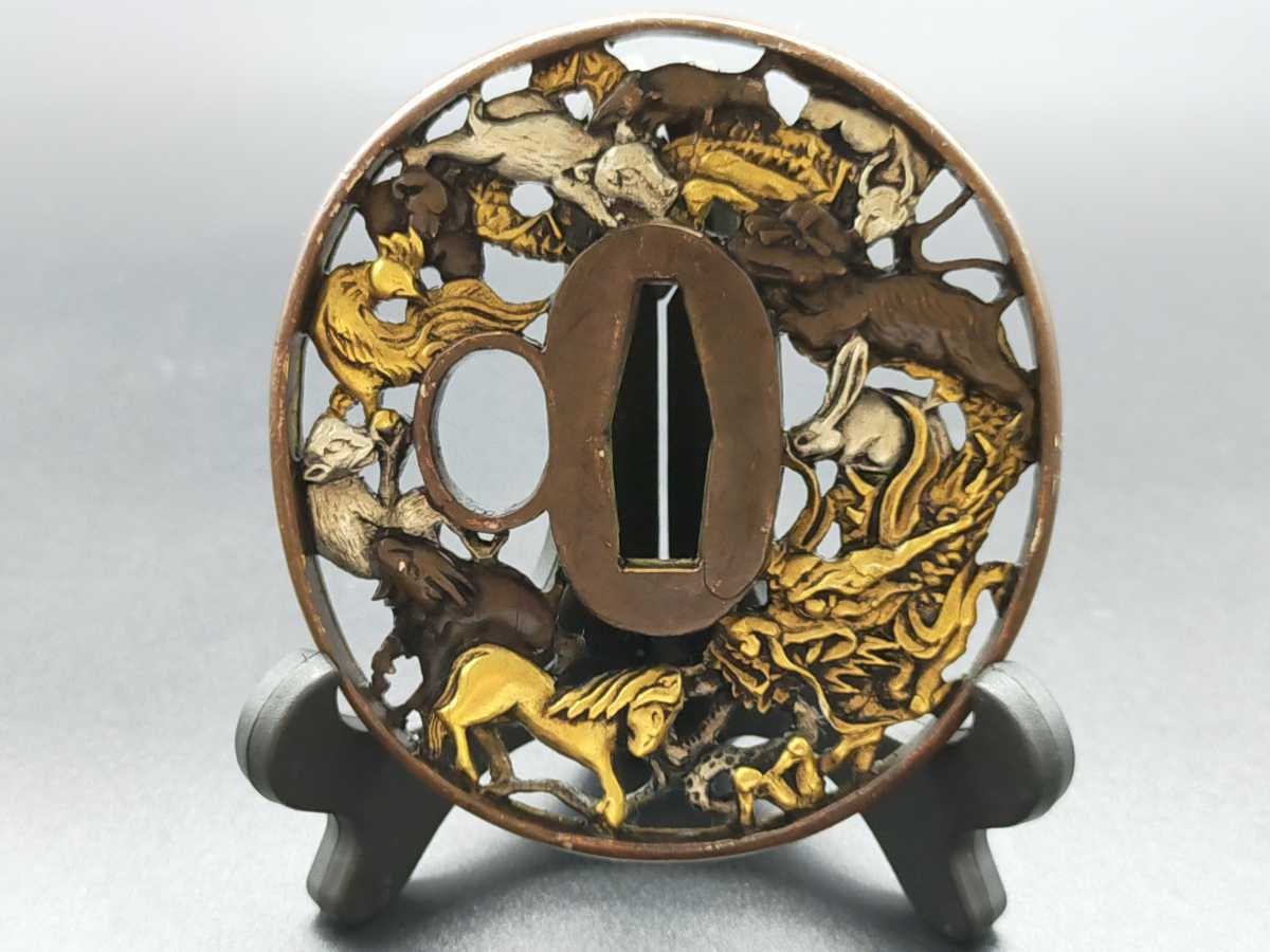 Q6420 刀鍔 天干図 銅地 絵金銀 日本刀装具 鍔 つば 鐔 刀鐔 刀の鍔 アンティーク、コレクション