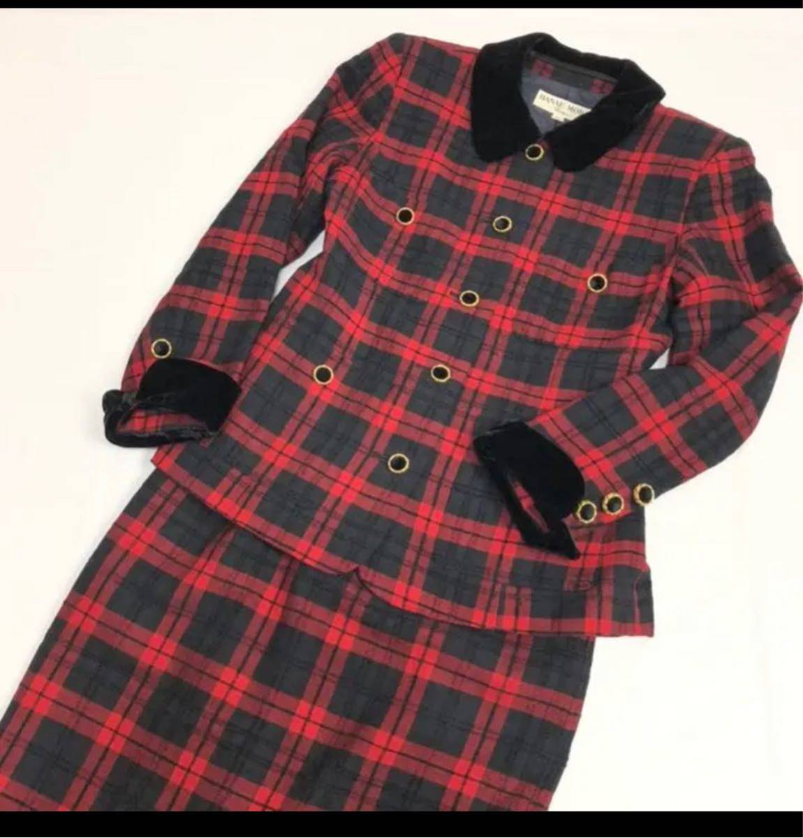安い，100%新品 1スタ HANAE MORI ハナエモリ セットアップ スカートスーツ チェック柄 レディーススーツ 赤系 秋冬用 レトロ 可愛い 9A3号 Mサイズ相当(ひざ丈スカート)｜売買されたオークション情報、yahooの商 ひざ丈スカート