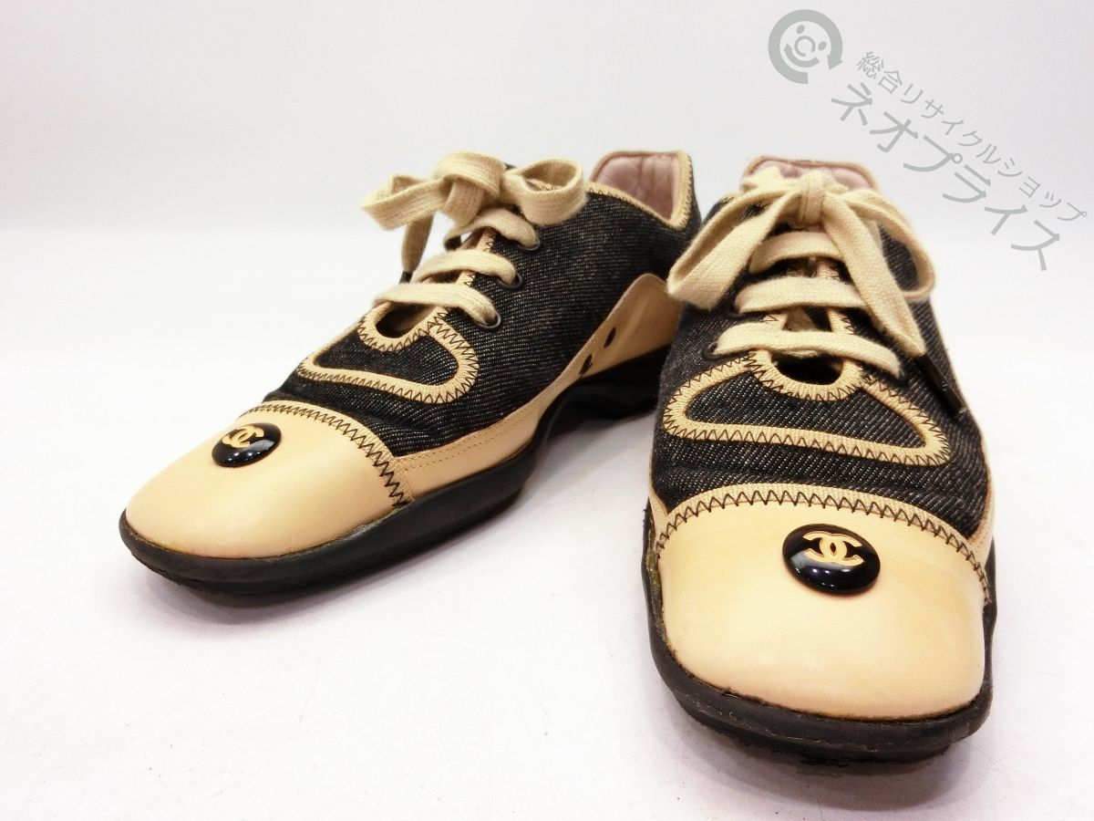 ◇A4797 CHANEL シャネル ココボタン デニム レザー シューズ