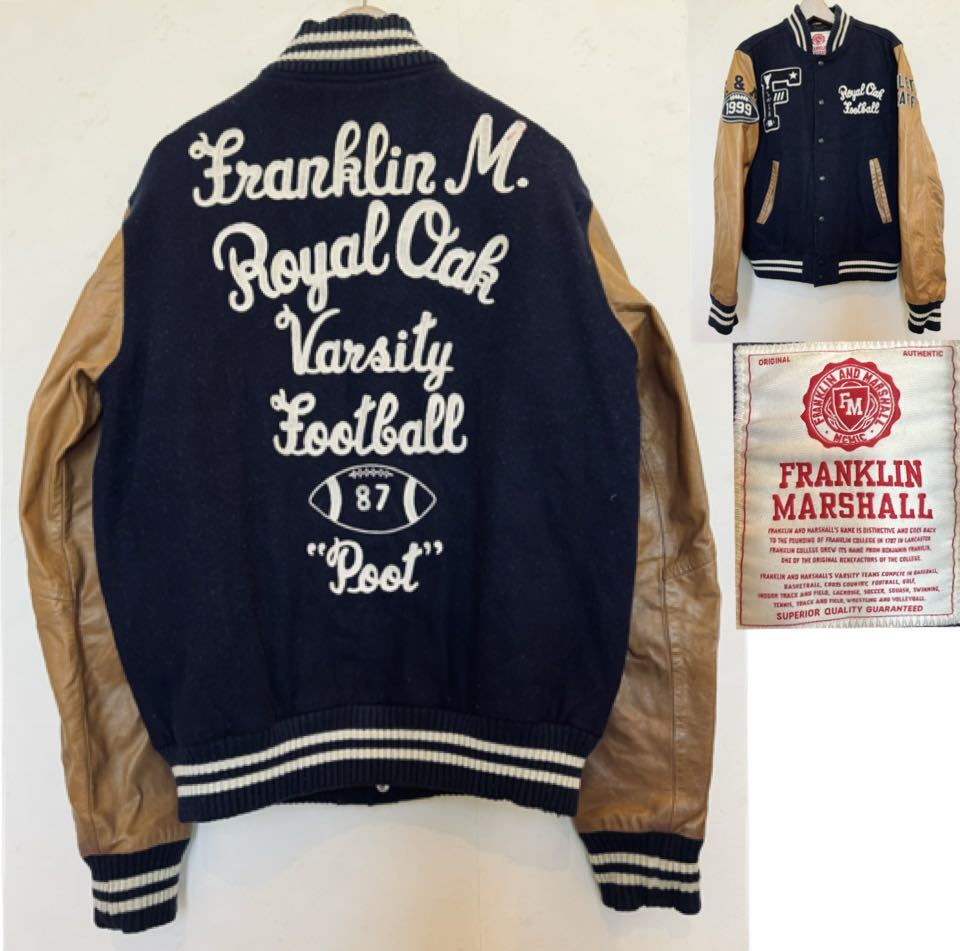 FRANKLIN MARSHALL フランクリンマーシャル　袖ラムレザーウールスタジャンXL 紺×茶☆袖羊革 チェーンステッチ　ワッペン　カレッジ FRANKLIN フランクリンマーシャル MARSHALL franklin&amp;marshall [240001737425] ラッピング