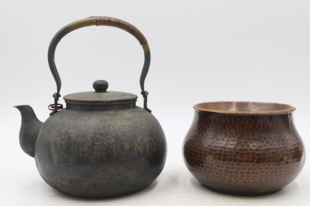 銅製茶道具まとめ 全重量約2444g 芳燕堂 銅瓶/大盛堂 梅鶯文 茶筒/富貴 