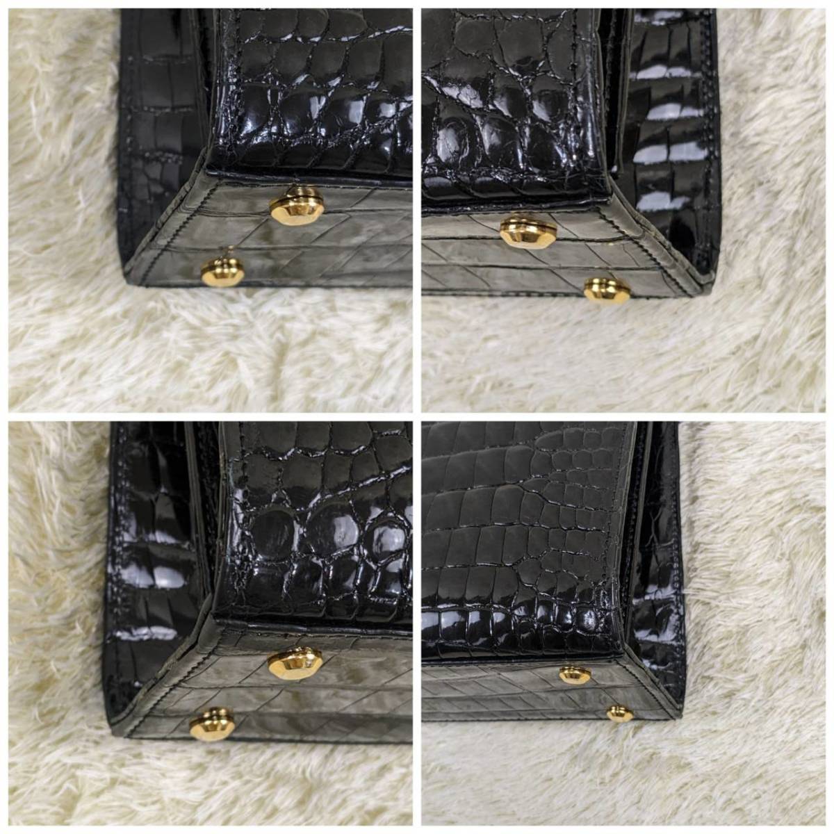 SALE，HOT 【極上美品】クロコ型押し 【圧倒的存在感】 シャイニー加工 ハンドバッグ フロント金具 ゴールド フォーマル 黒 ブラック 本革 レザー