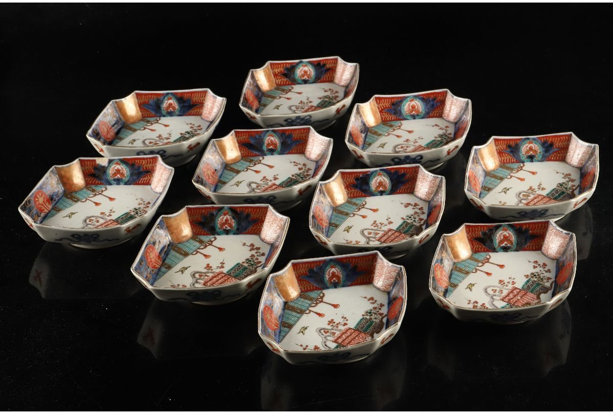URA]伊万里錦手窓抜梅花鳥図菱形向付10客/4-11-103(検)骨董/伊万里焼 