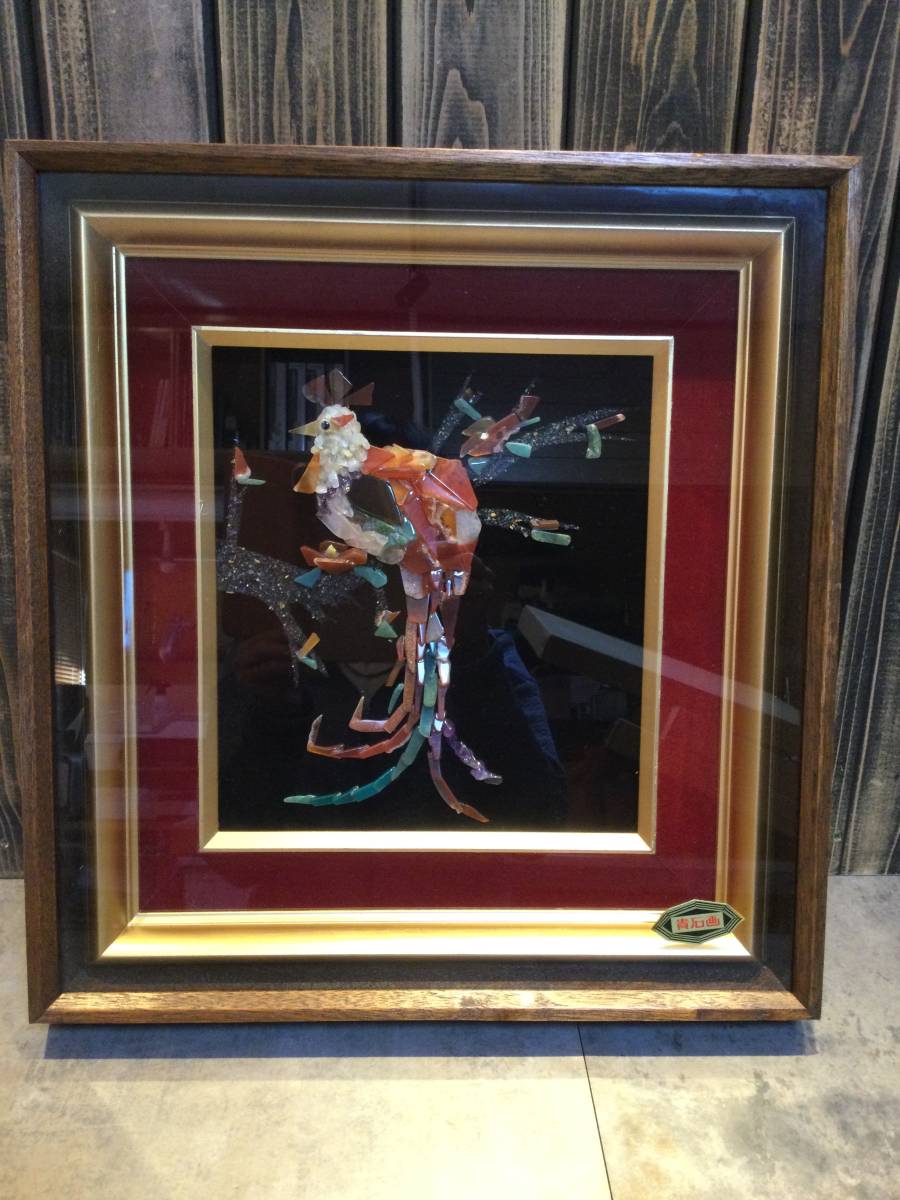 宝石画 貴石画 尾長鳥 ☆オナガドリ☆幅40.5㎝×高さ43.5㎝×厚み5.5