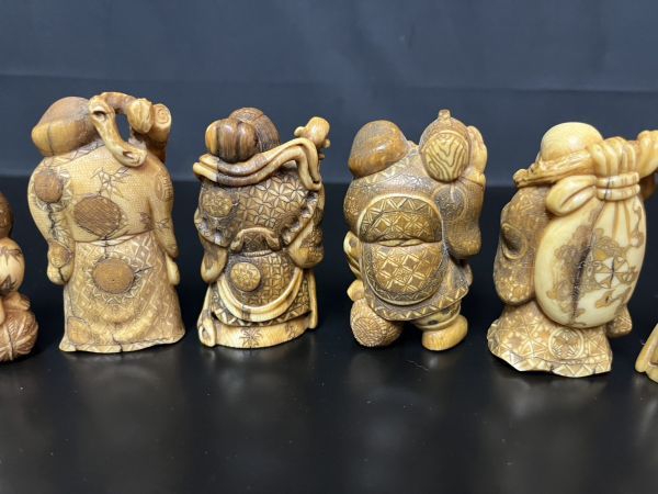 E☆象牙風 七福神 総重さ568g 仏教美術 象牙調細工 山口 彫刻 芯彫 