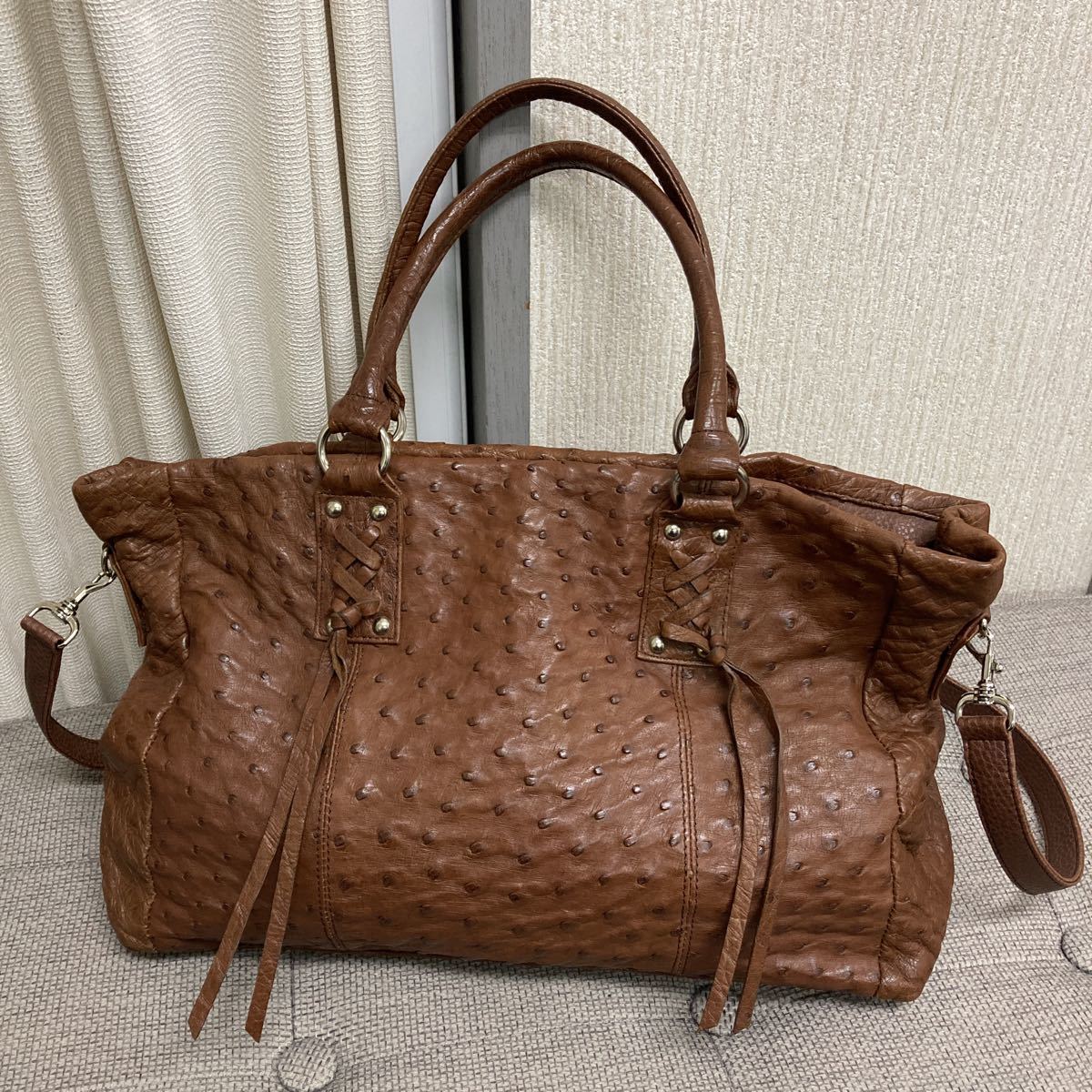 オーストリッチ 2way ハンドバッグ ショルダーバッグ ブラウン 