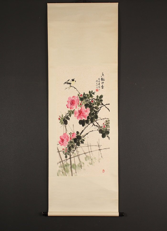 模写】【一灯】nb5853〈陳文灼〉薔薇に小禽図 中国画 【公式通販】