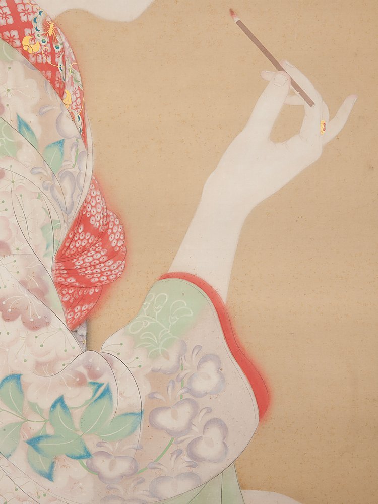 五】大幅 美人画 化粧 絹本 彩色 在銘(寶星) 掛軸