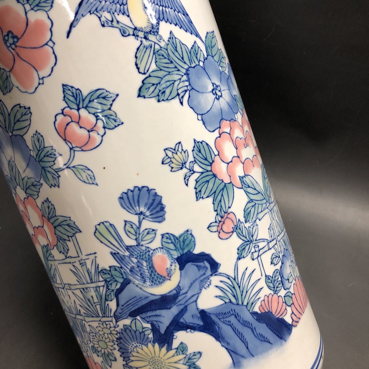 インテリア陶器 染付 傘立て 陶器花柄 傘立て 陶器 花柄 鳥 ブルー系