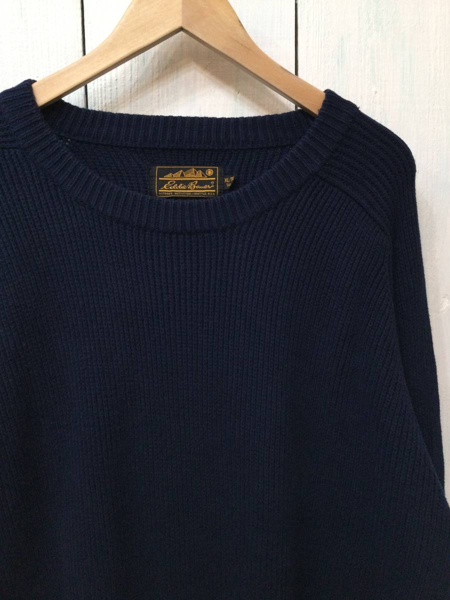 Eddie Bauer エディーバウアー コットンニット セーター クルーネック ニット メンズXL TALL 大きめ 濃い紺 良品