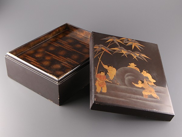 K】古美術品 時代 漆塗蒔絵 唐子図 文庫箱 文房具 うぶ品 c242