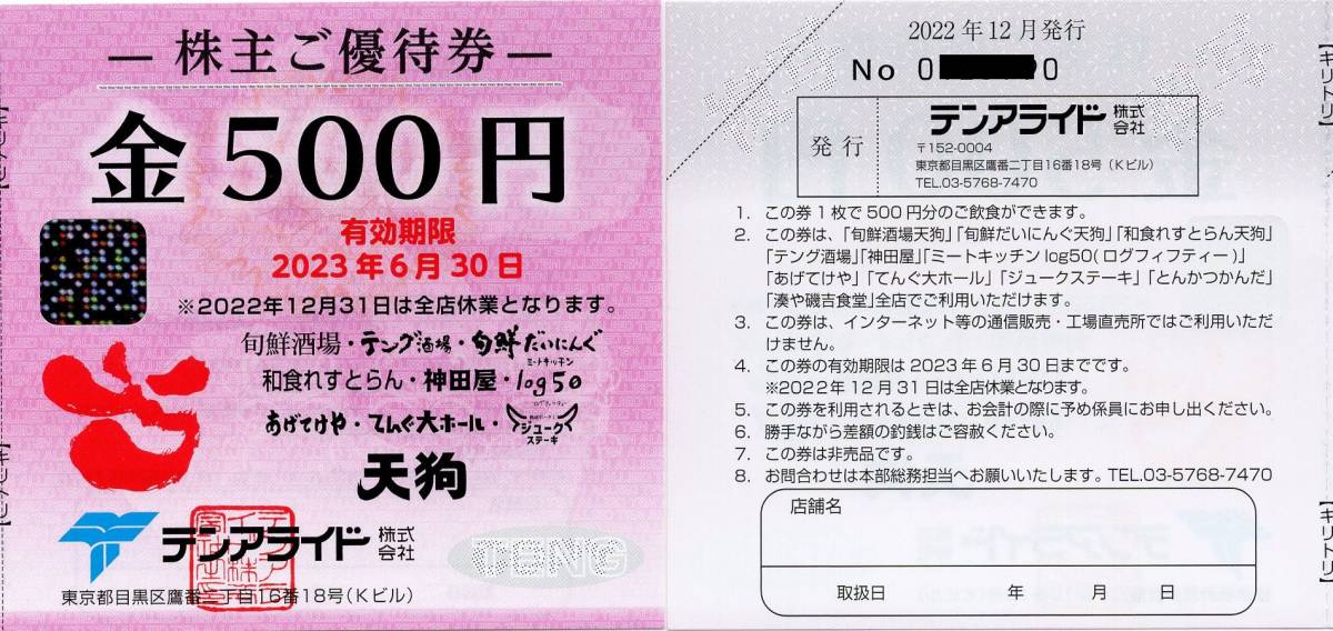 テンアライド 株主優待 天狗 15000円分 旬鮮酒場 テング酒場 テン 神田 