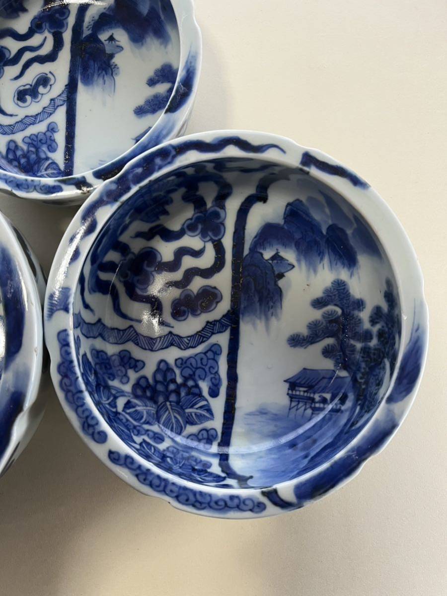 古伊万里 染付三つ鉢 山水風景文 手描き 明治骨董 古美術品 蒐集家放出