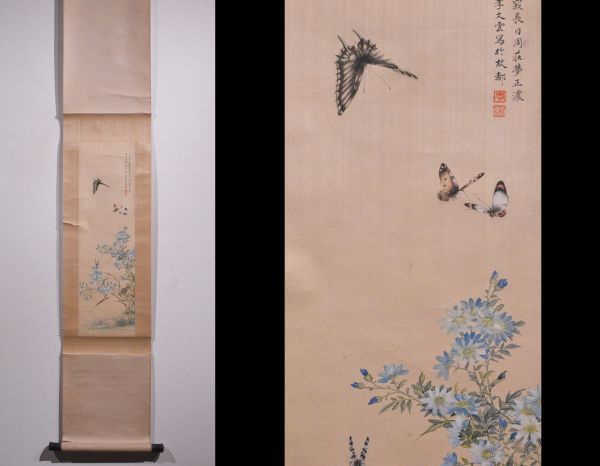 瓢】中国 李文云 蝶花図 絹本 細密画 清末民初期 掛け軸(花鳥、鳥獣