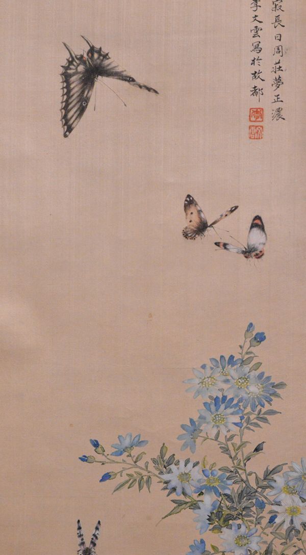 瓢】中国 李文云 蝶花図 絹本 細密画 清末民初期 掛け軸(花鳥、鳥獣