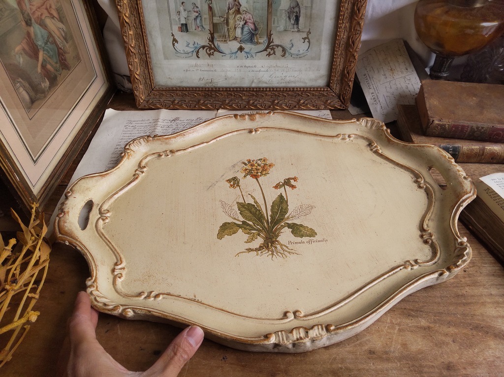☆フランスアンティーク 素敵な 木製 大きい トレー 花絵付き 美品