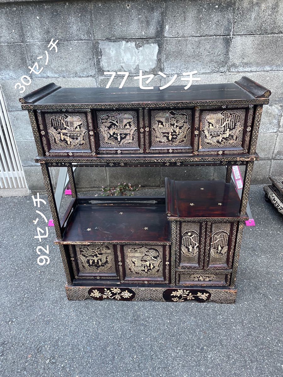 螺鈿 李朝 朝鮮 清朝 象嵌 黄花梨 花台 茶棚 木彫 古玩 骨董 金具 唐木 