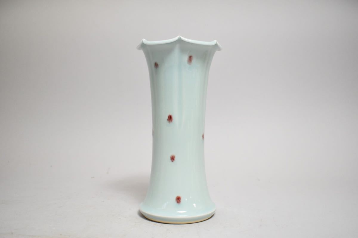 英】1069 加藤渓山作 紅斑文輪華花生 共箱 共布 日本美術 現代美術