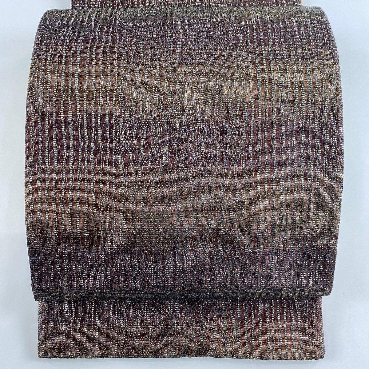 袋帯 美品 秀品 落款 縞 金糸 茶紫 全通 正絹 【中古】 【公式通販】