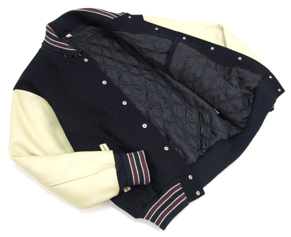 限定！ユニクロ 【UNIQLO】ヘチマ襟 袖革スタジャン 紺xベージュ(L