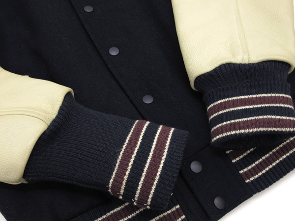 限定！ユニクロ 【UNIQLO】ヘチマ襟 袖革スタジャン 紺xベージュ(L
