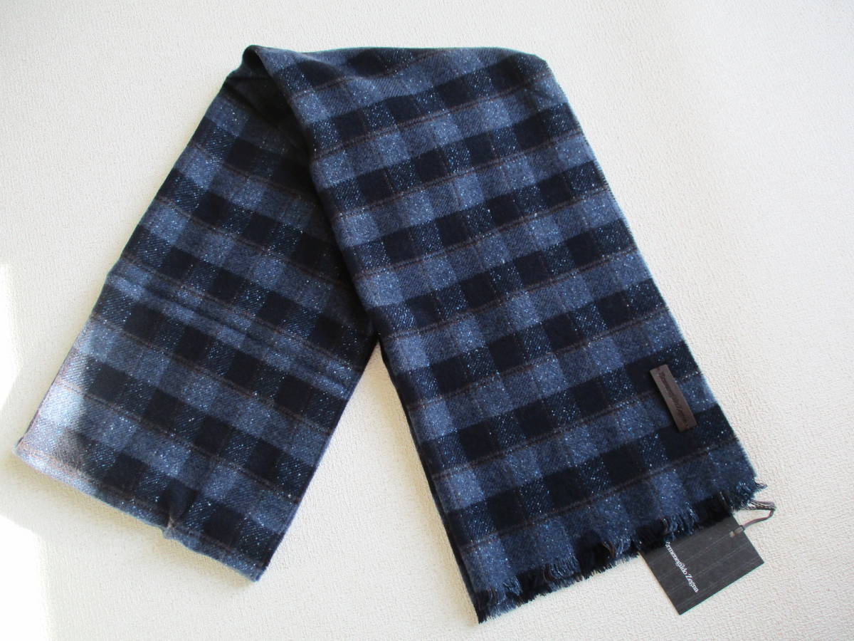 未使用★ エルメネジルドゼニア★ チェックネップマフラー★ ウール×カシミヤ イタリア製 紺 ネイビー