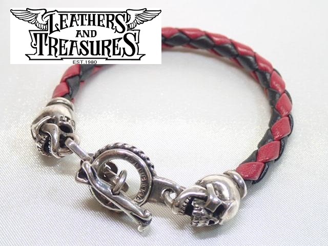 12304[A]【LEATHERS AND TREASURES◆レザーズアンド トレジャーズ】ラージスカル レザーブレスレット/黒 赤系/メンズ アクセサリー