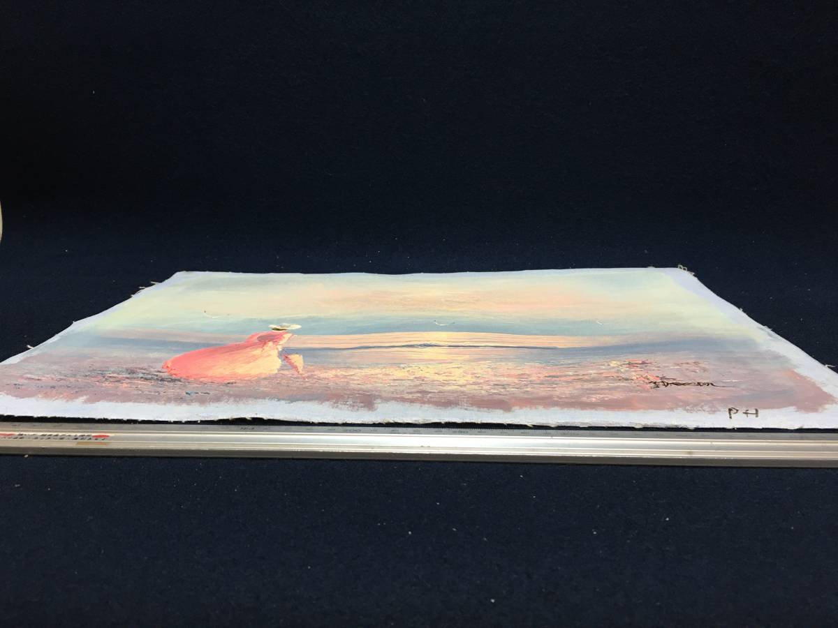 サイン有り 油彩画 風景画 人物画 キャンバス画 海舟の絵 海鳥 女性