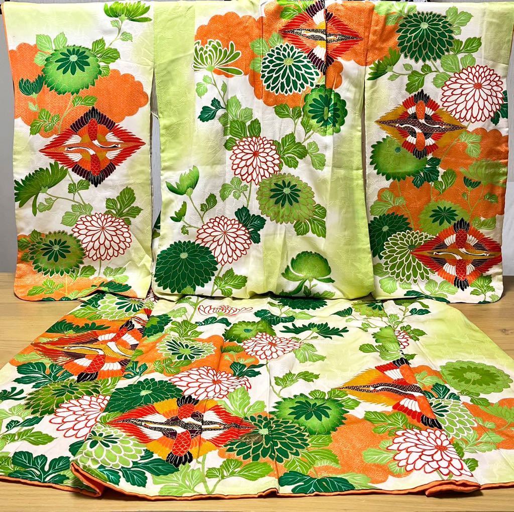 ◆鶴に菊の絵羽柄♪正絹七歳女児祝い着◆ 上質紋綸子 七五三 裄52(5)お値打ち 訳あり